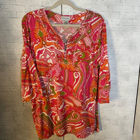 Soft surroundings women’s tunic blouse 3/4 length sleeve 60s colorful beaded - Picture 1 of 9
